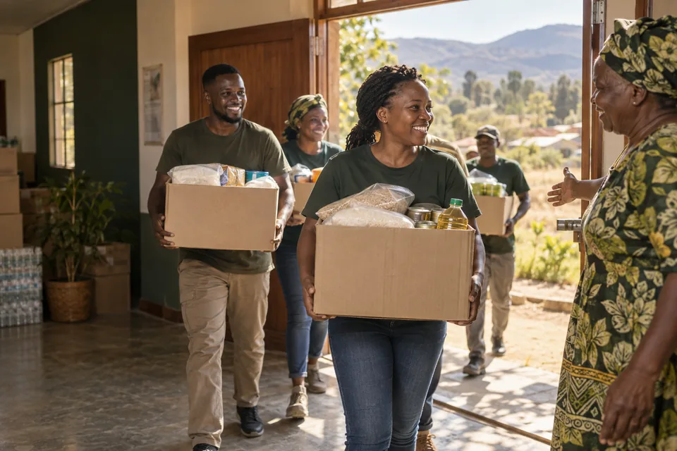 Community volunteers carrying practical supplies together