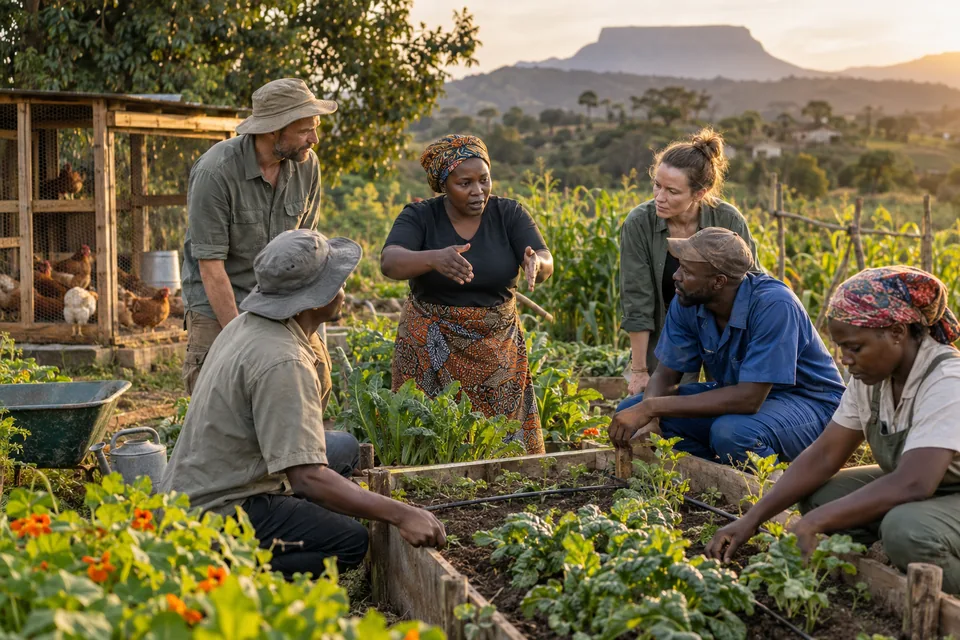 A mixed project team working together in a productive community garden