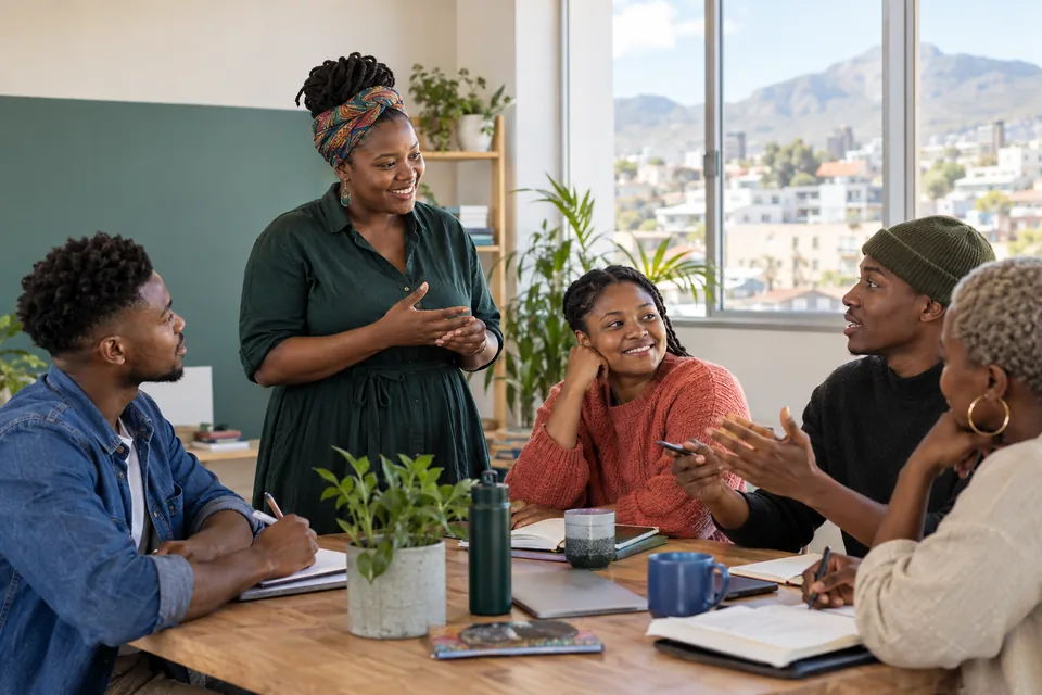 A facilitator leading a life-skills discussion with young adults