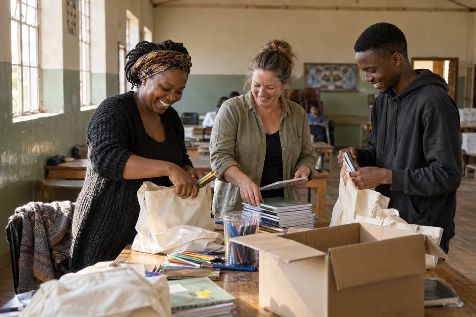Black and white volunteers sharing a laugh while packing stationery kits